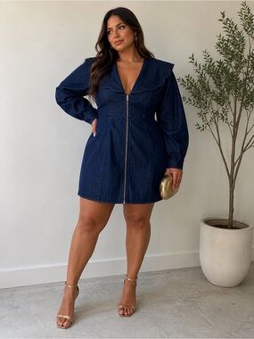ASOS Luxe Denim Zip-Front Mini Dress with Scalloped Collar